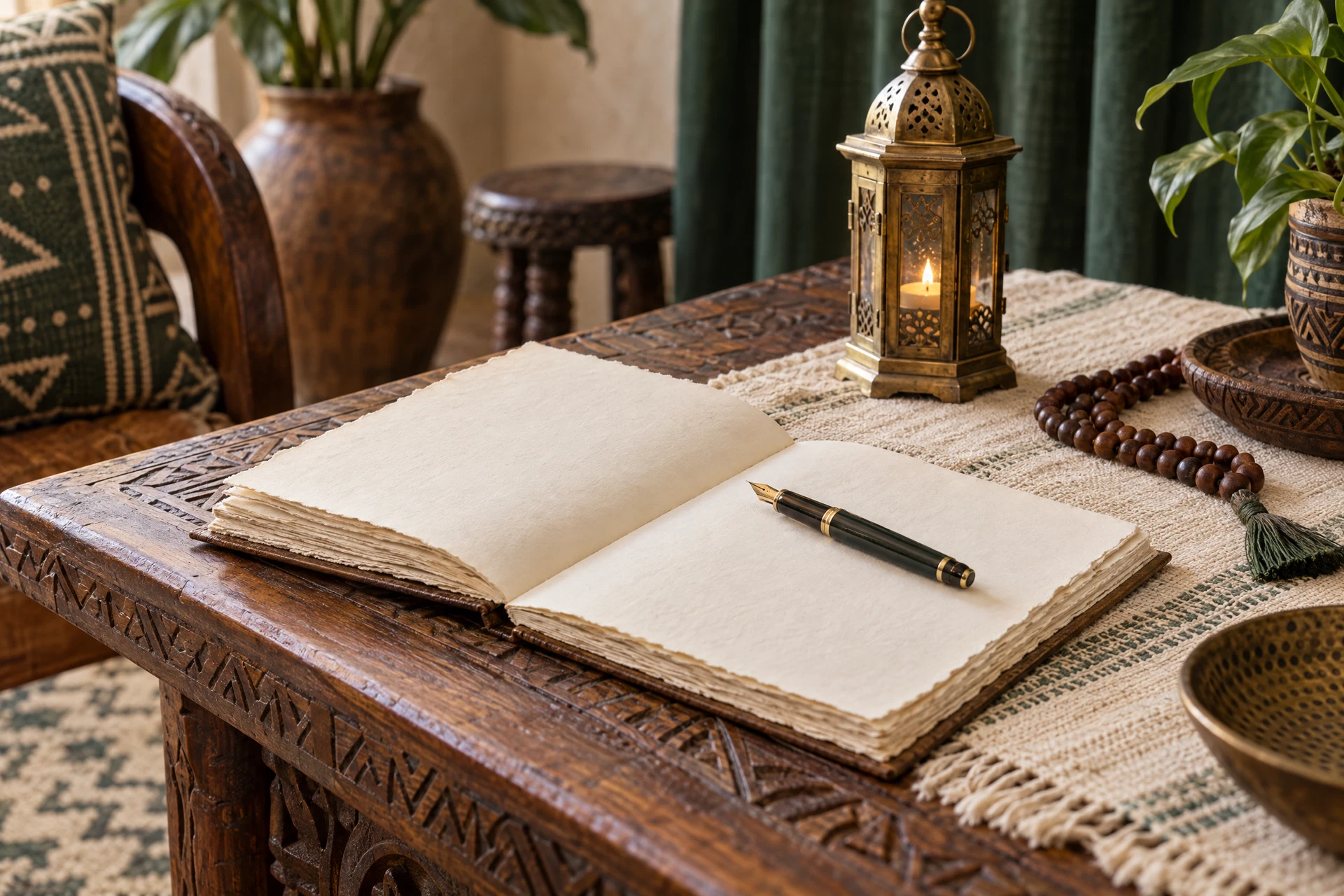 Carnet ouvert et stylo sur une table artisanale, illustration d’une consultation attentive