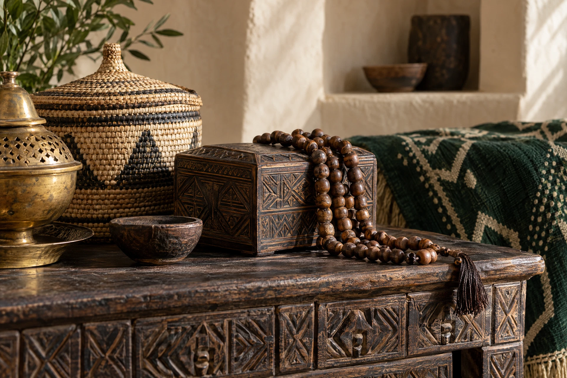 Chapelet de bois, coffret sculpté et lampe en laiton, objets d’artisanat traditionnel